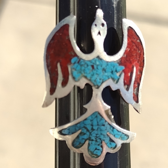 Native American Jewelry - Vintage Native American sterling silver turquoise  coral Thunderbird ring sz 4.5